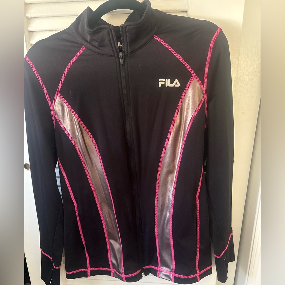 Fila Women's Black Jacket with Pink and Silver Accents
